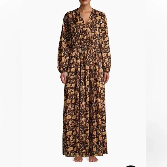 Matteau Puff Sleeve Open Back Orange Floral Maxi Dress - Picture 3 of 13